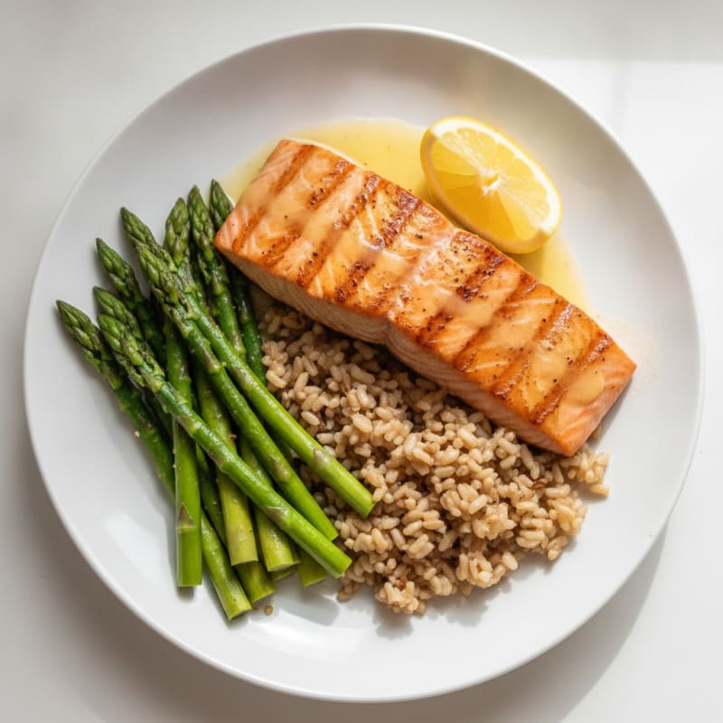 Seared Salmon Fillet with Steamed Asparagus and Brown Rice