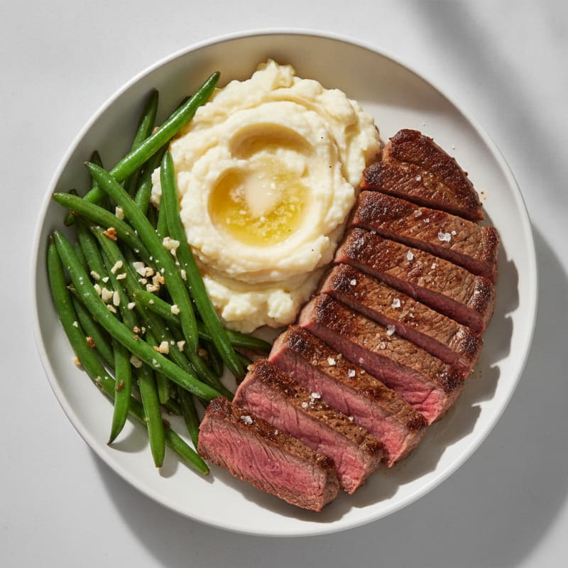 Seared Steak with Garlic Green Beans and Mashed Cauliflower