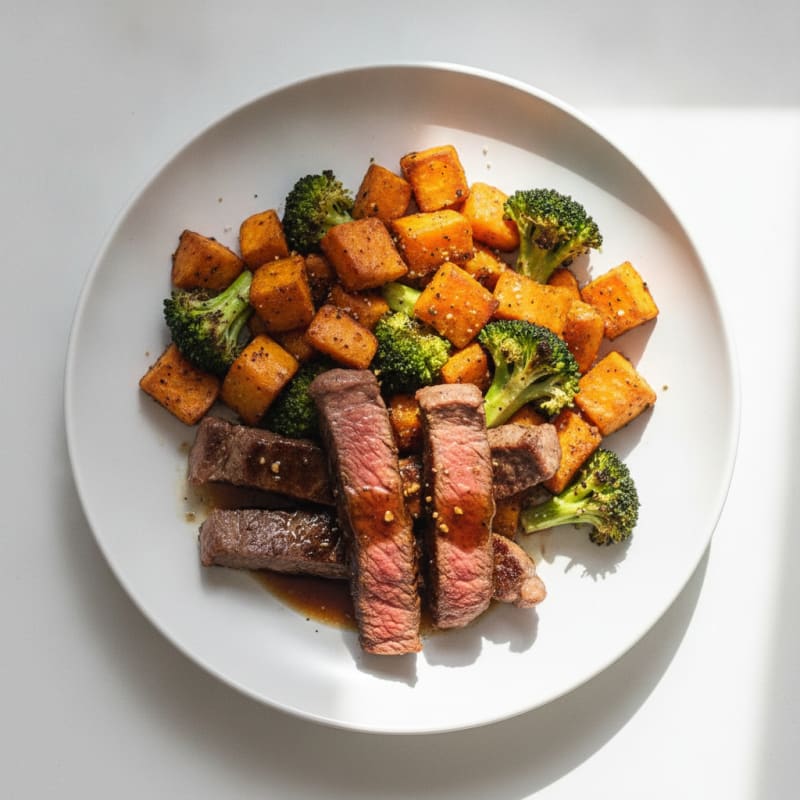 Seared Beef Strips with Roasted Sweet Potato and Broccoli