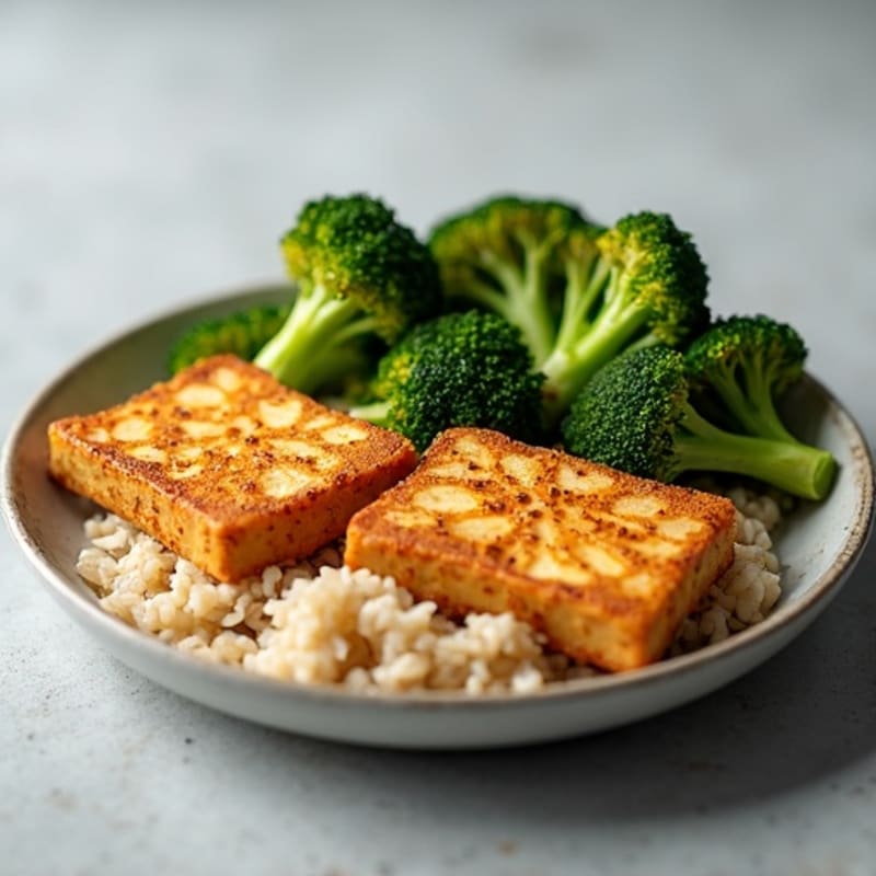Crispy Baked Tofu with Roasted Broccoli and Brown Rice