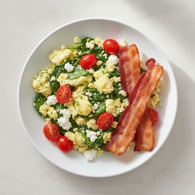 Cottage Cheese Scramble with Spinach and Turkey Bacon