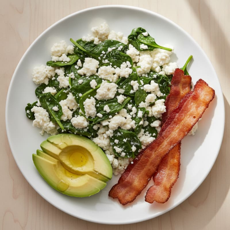 Cottage Cheese Egg White Scramble with Spinach and Turkey Bacon