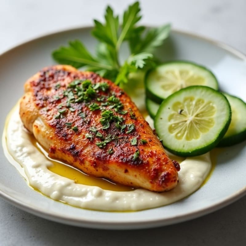 Spiced Roasted Chicken with Fresh Cucumber and Creamy Garlic Yogurt Sauce