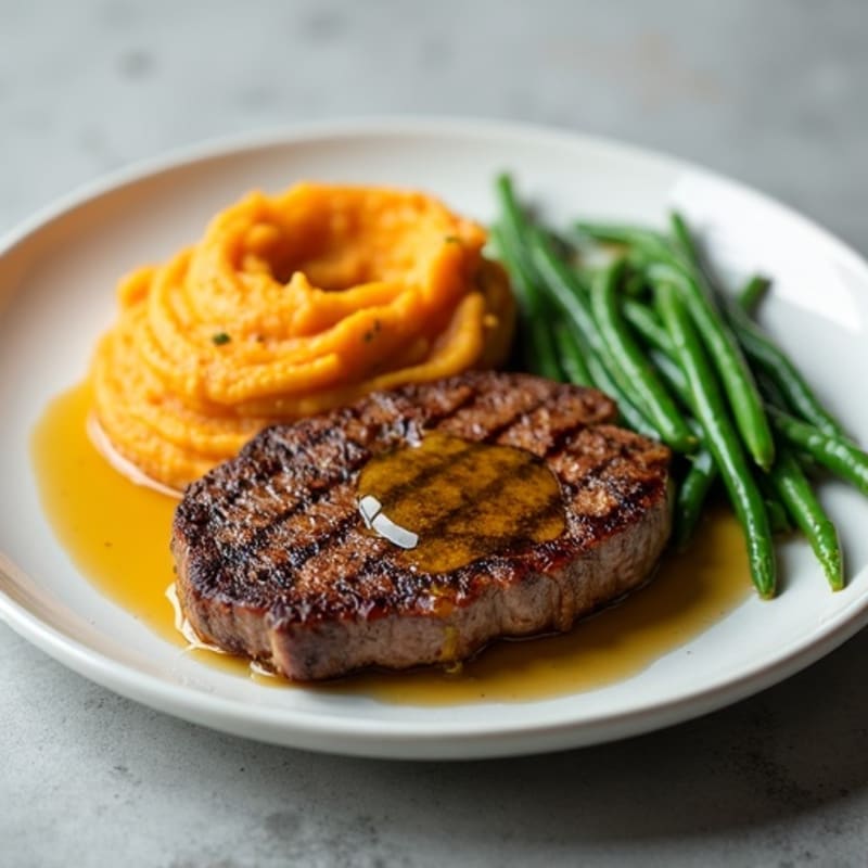 Seared Sirloin Steak with Garlic Mashed Sweet Potatoes and Steamed Green Beans