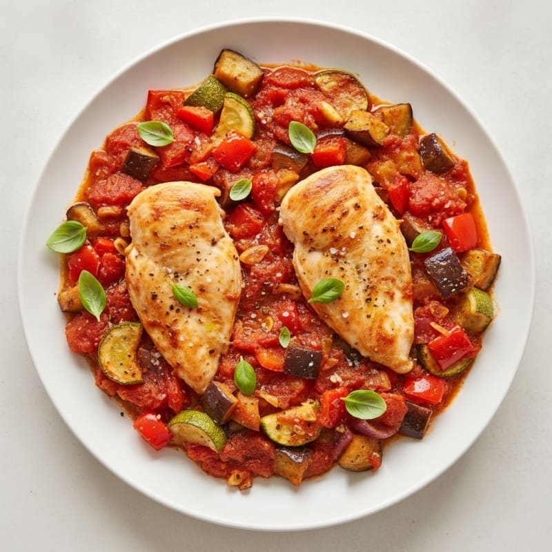 Chicken and Roasted Vegetable Bake with Tomatoes