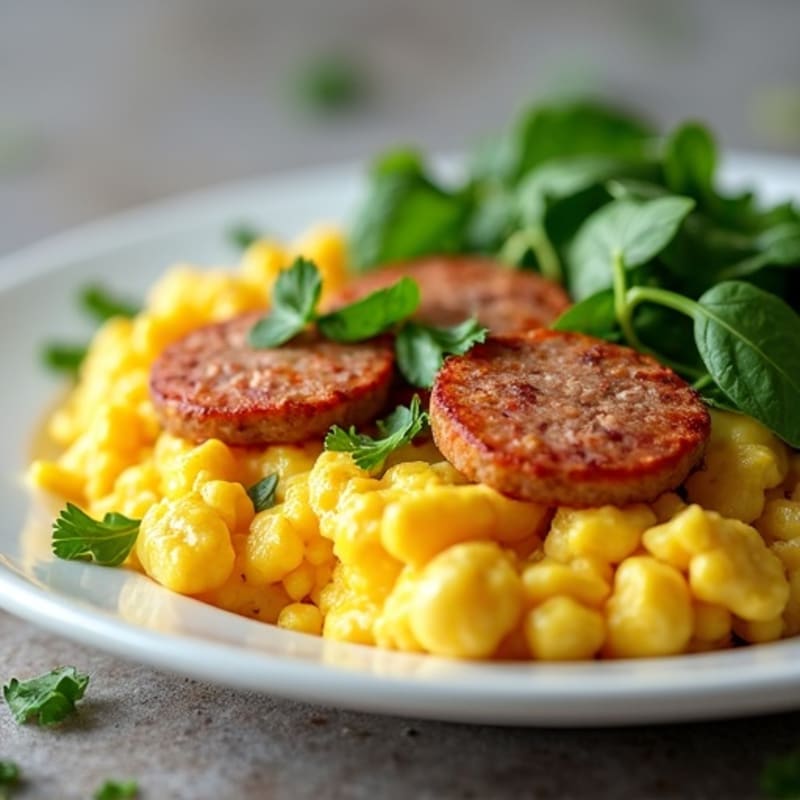 Fluffy Scrambled Eggs with Lean Turkey Sausage and Fresh Spinach