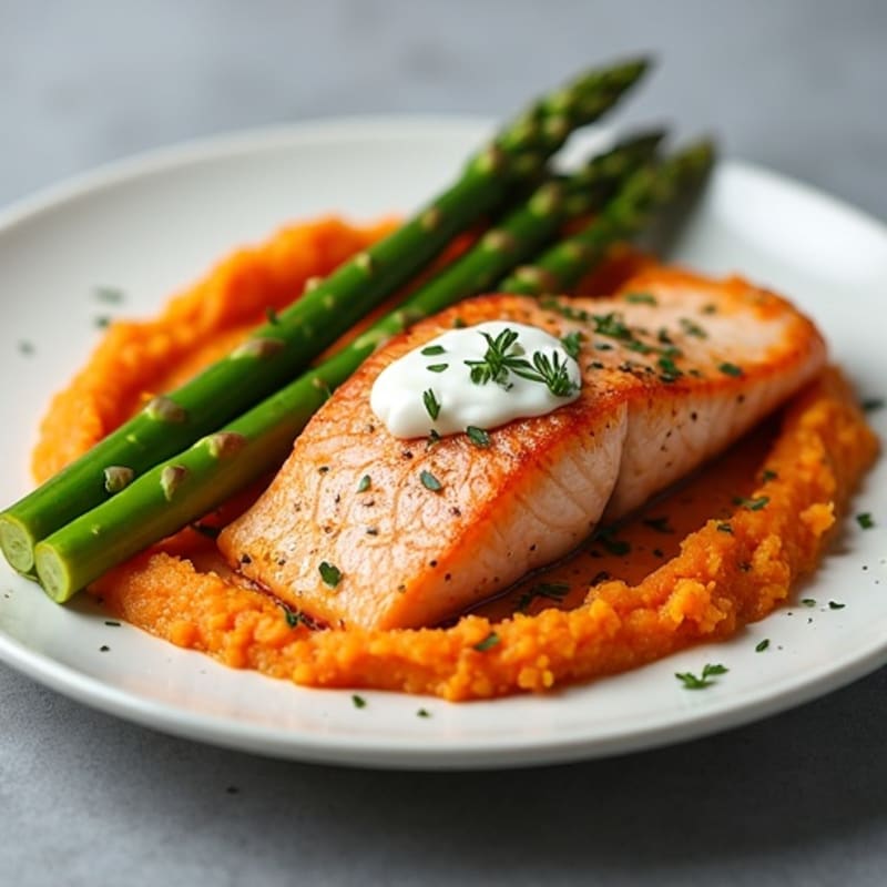 Seared Salmon with Roasted Asparagus and Sweet Potato Mash