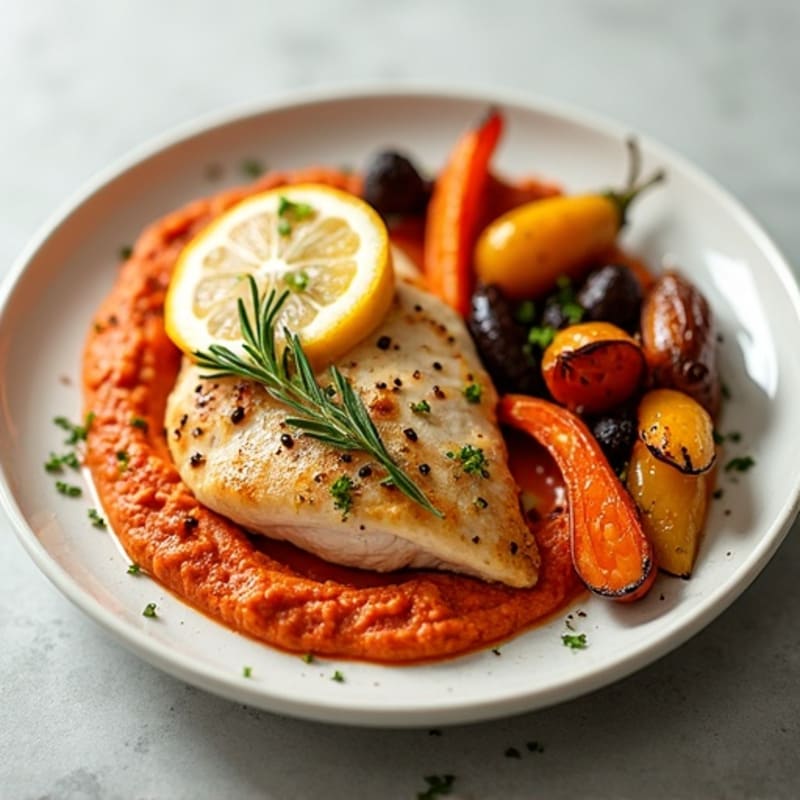Lemon-Herb Chicken with Creamy Roasted Red Pepper Hummus and Roasted Root Vegetables