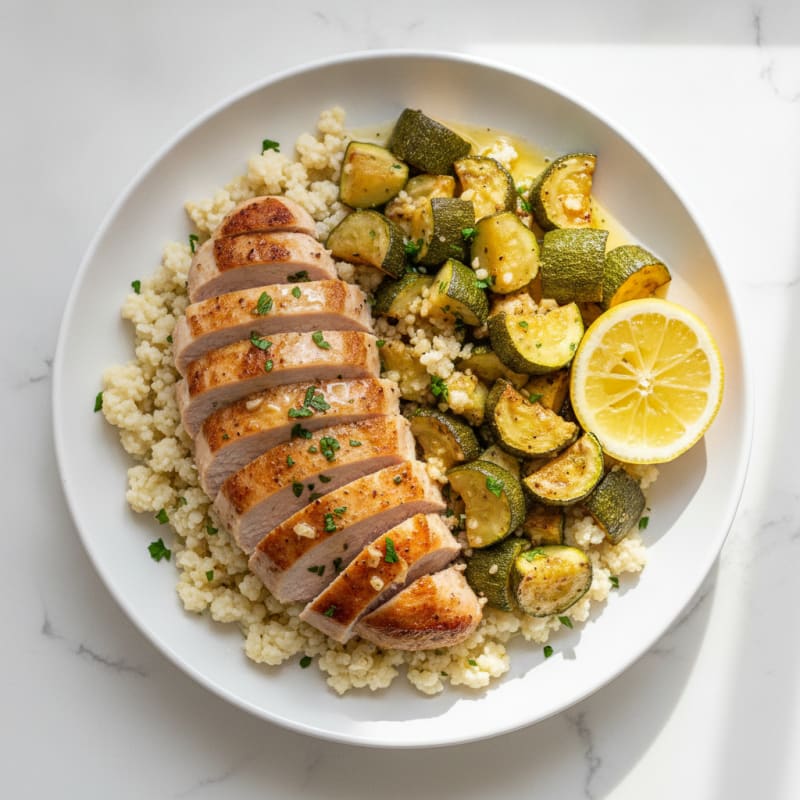 Seared Turkey Breast with Roasted Zucchini and Cauliflower Rice