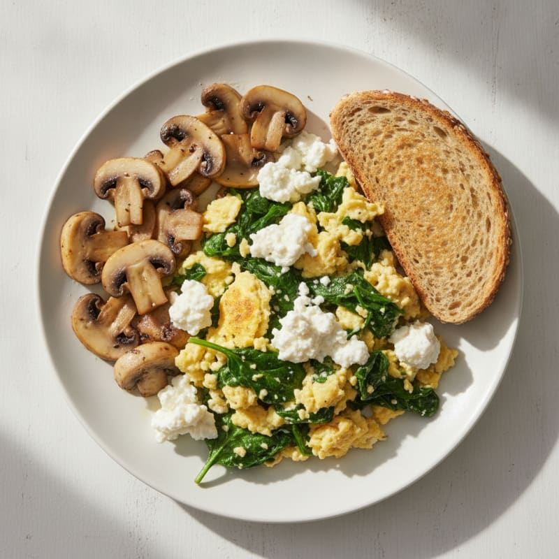 Egg and Spinach Scramble with Cottage Cheese and Sautéed Mushrooms