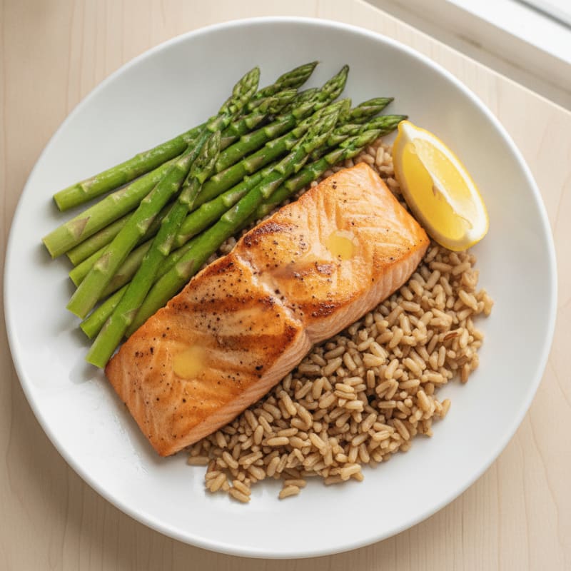 Seared Salmon Fillet with Steamed Asparagus and Brown Rice