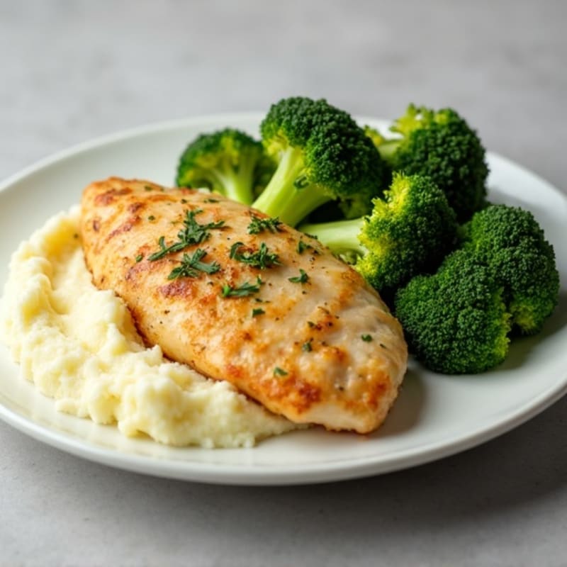 Lemon Garlic Pan-Seared Chicken with Creamy Buttery Mashed Potatoes and Roasted Broccoli