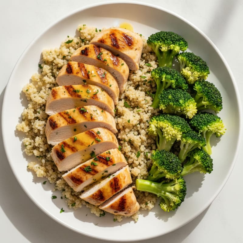 Grilled Lemon Garlic Chicken Breast with Quinoa and Steamed Broccoli