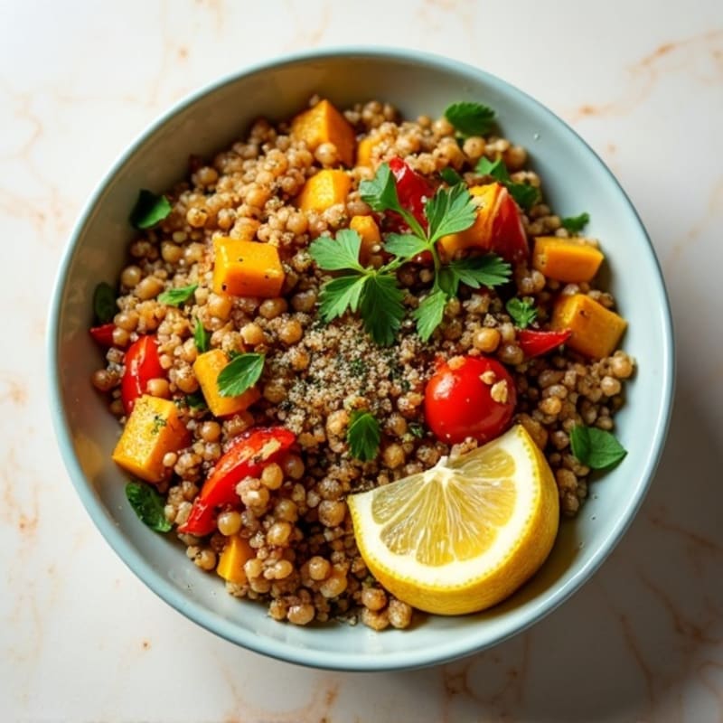 Warm Lemon Herb Lentil and Quinoa Bowl with Roasted Vegetables