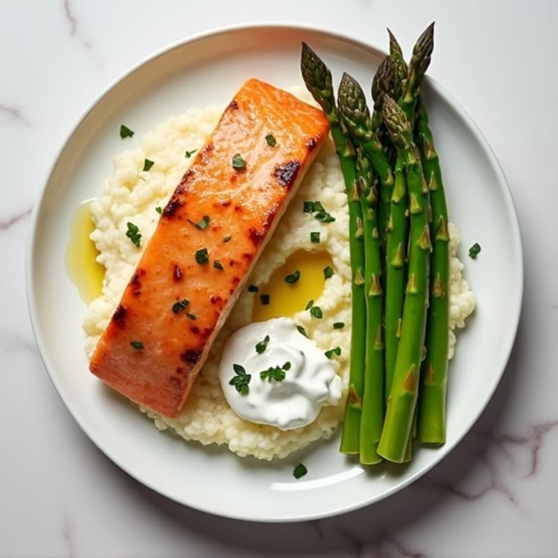 Seared Salmon Fillet with Steamed Asparagus and Cauliflower Mash