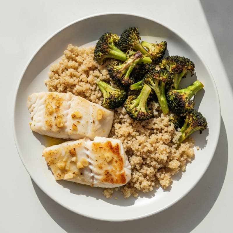 Baked White Fish with Roasted Broccoli and Quinoa