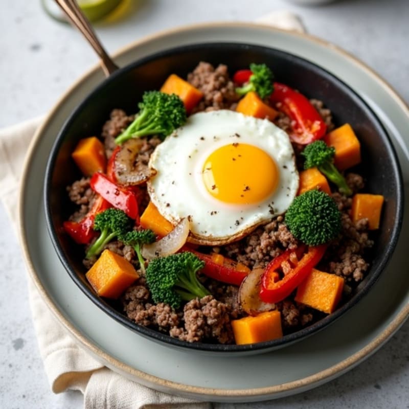 Hearty Ground Beef and Sweet Potato Hash with Fresh Greens