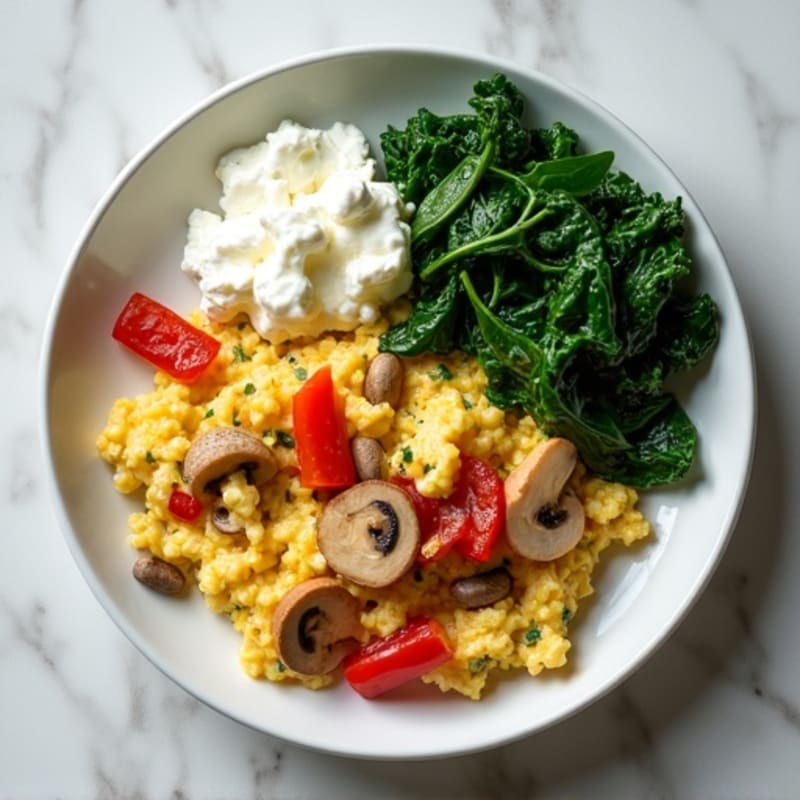 Egg White Veggie Scramble with Cottage Cheese and Sautéed Spinach