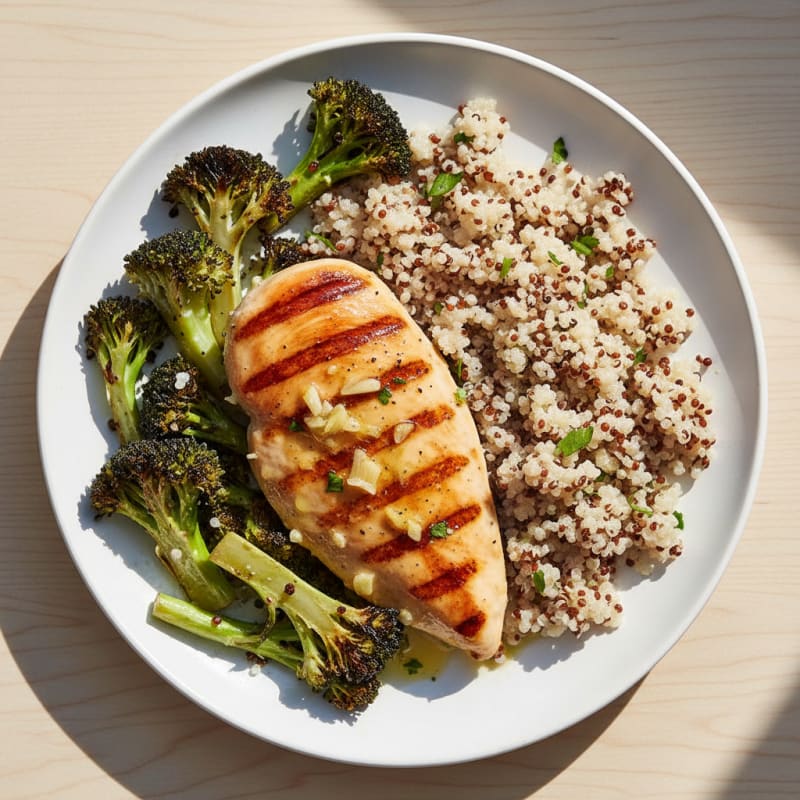 Grilled Lemon Garlic Chicken Breast with Quinoa and Roasted Broccoli