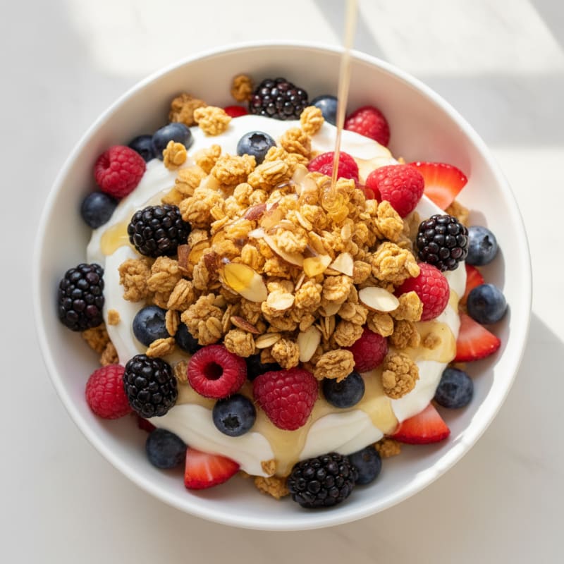 Greek Yogurt Parfait with Mixed Berries and Crunchy Almond Granola