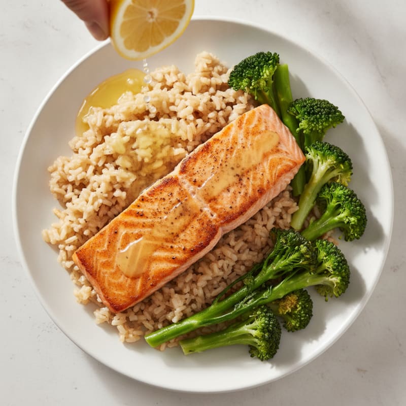 Pan-Seared Salmon with Steamed Broccoli and Brown Rice