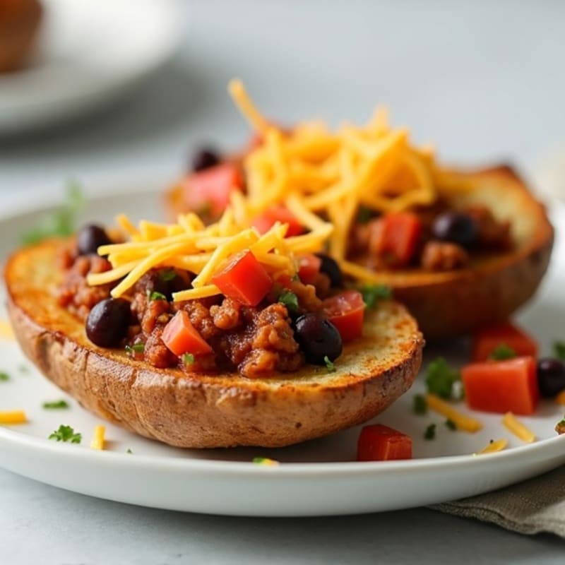 Crispy Baked Potato Skins with Lean Turkey Chili and Sharp Cheddar