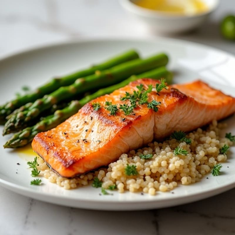 Crispy Pan-Seared Salmon with Roasted Asparagus and Quinoa