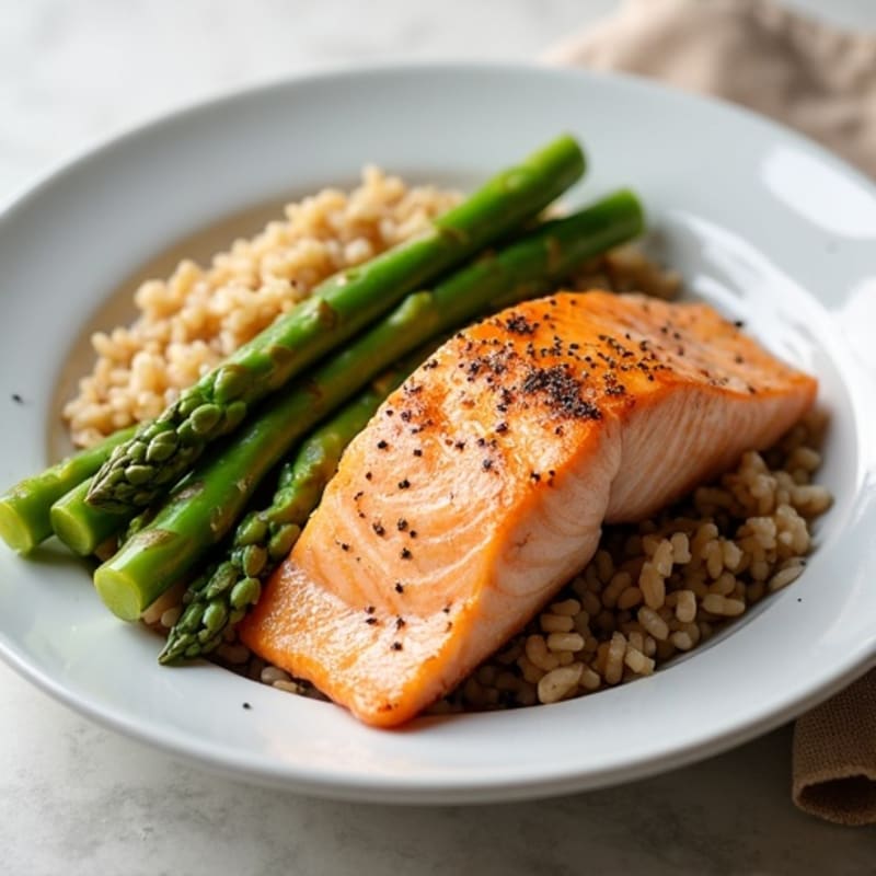 Seared Salmon with Steamed Asparagus and Brown Rice