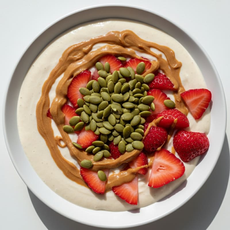Protein Shake with Peanut Butter, Pumpkin Seeds, and Strawberries