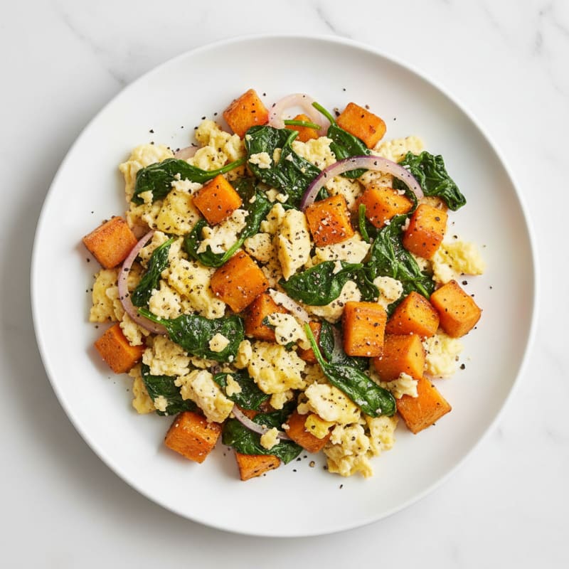 Sweet Potato Egg Scramble with Sautéed Spinach
