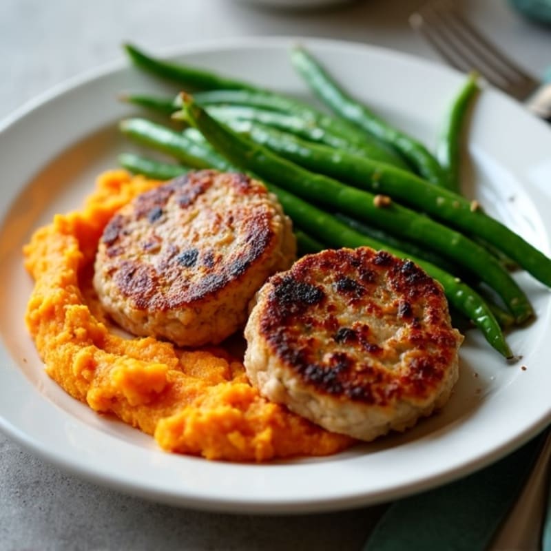 Seared Turkey Patties with Steamed Green Beans and Sweet Potato Mash