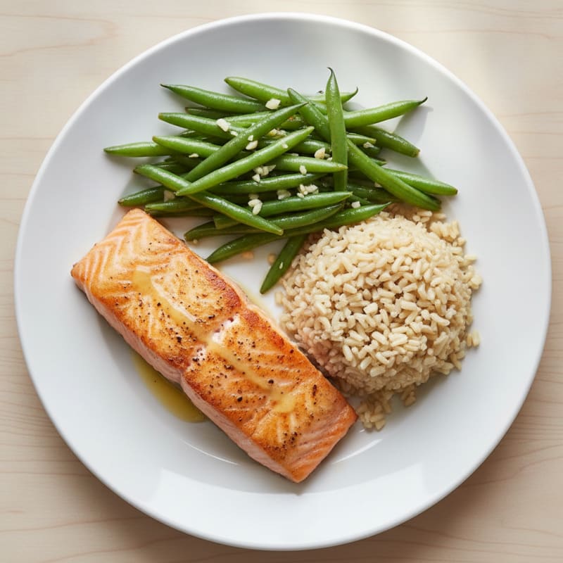 Seared Salmon Fillet with Garlic Green Beans and Brown Rice