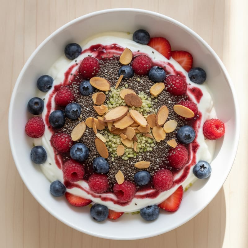 Greek Yogurt Protein Parfait with Mixed Berries and Chia Seeds