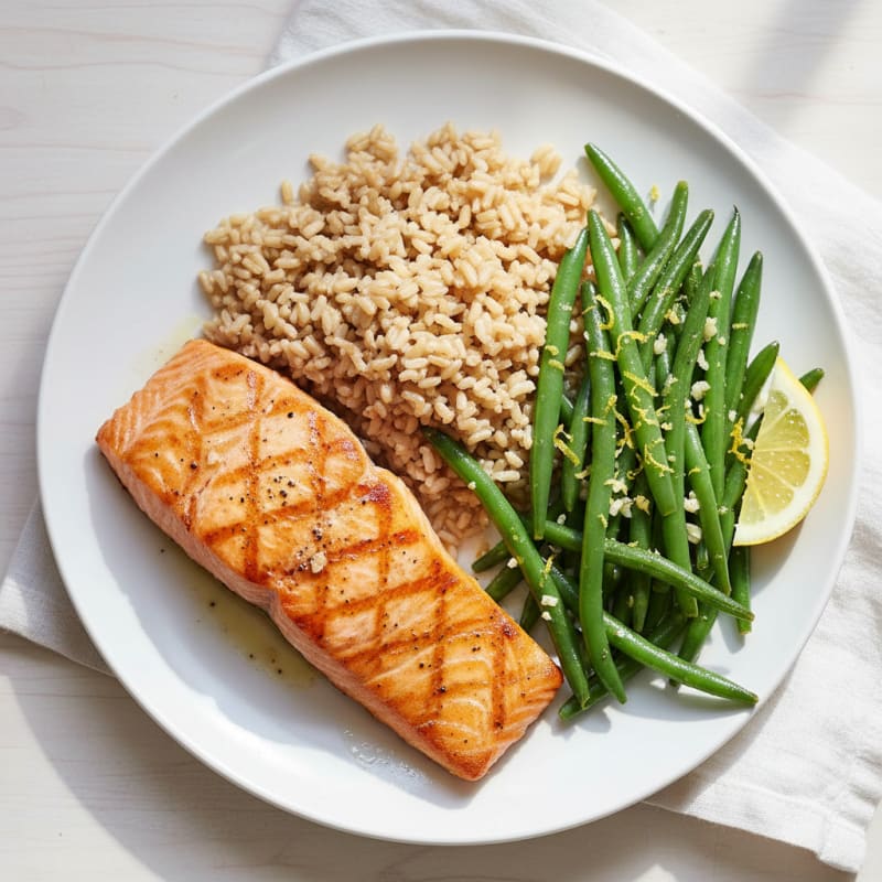 Seared Salmon with Garlic Green Beans and Brown Rice