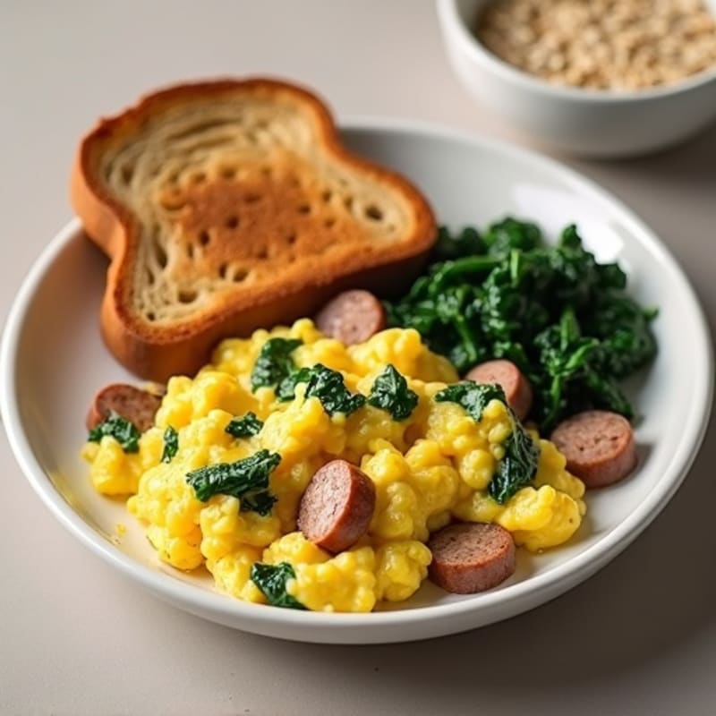 Egg White and Turkey Sausage Scramble with Sautéed Spinach