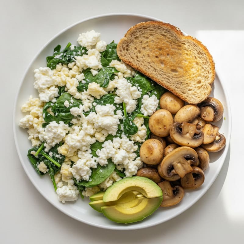 Egg White Spinach Scramble with Cottage Cheese and Sautéed Mushrooms