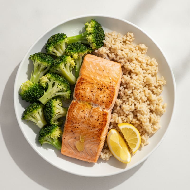 Seared Salmon with Steamed Broccoli and Brown Rice