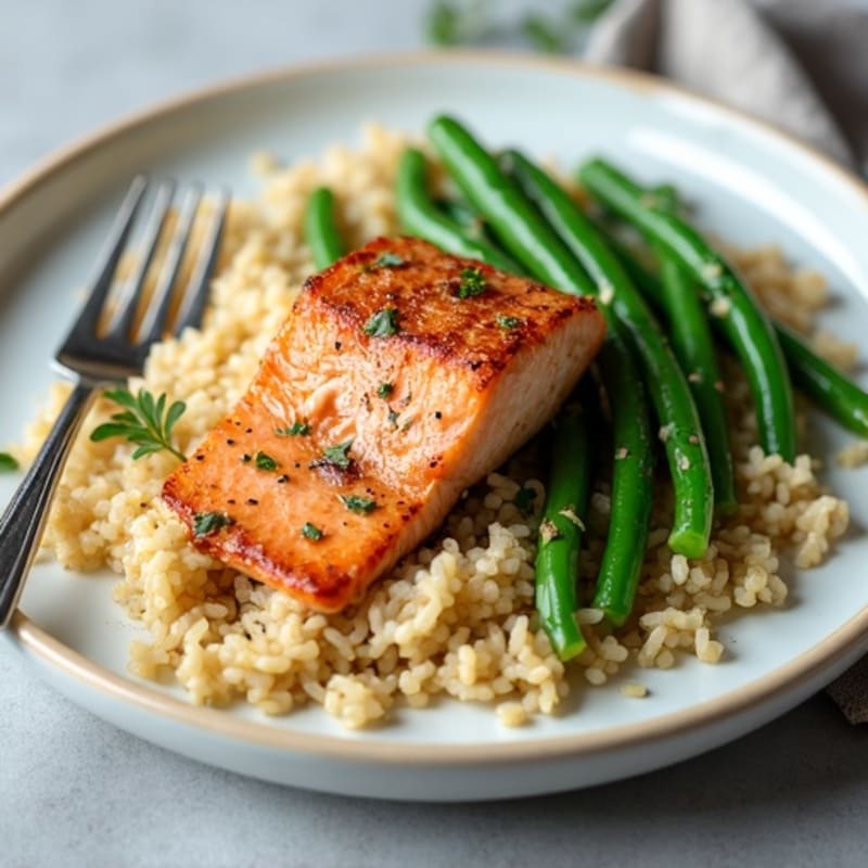 Seared Salmon with Steamed Green Beans and Lemon Herb Rice