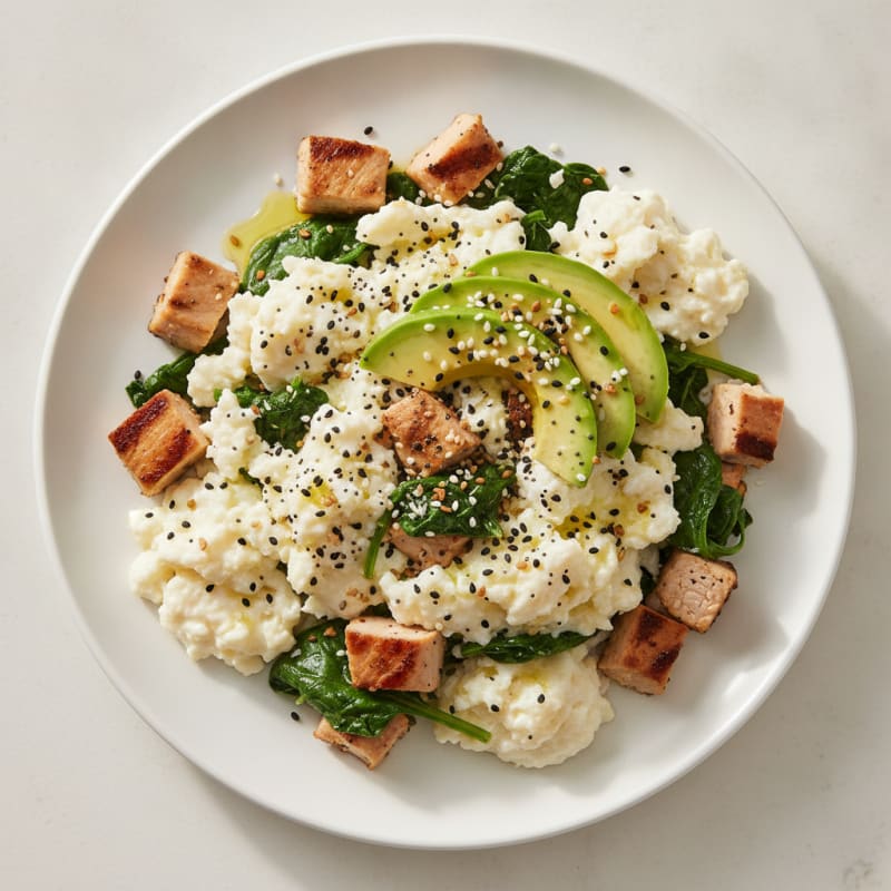 Egg White Scramble with Grilled Turkey Breast and Sautéed Spinach