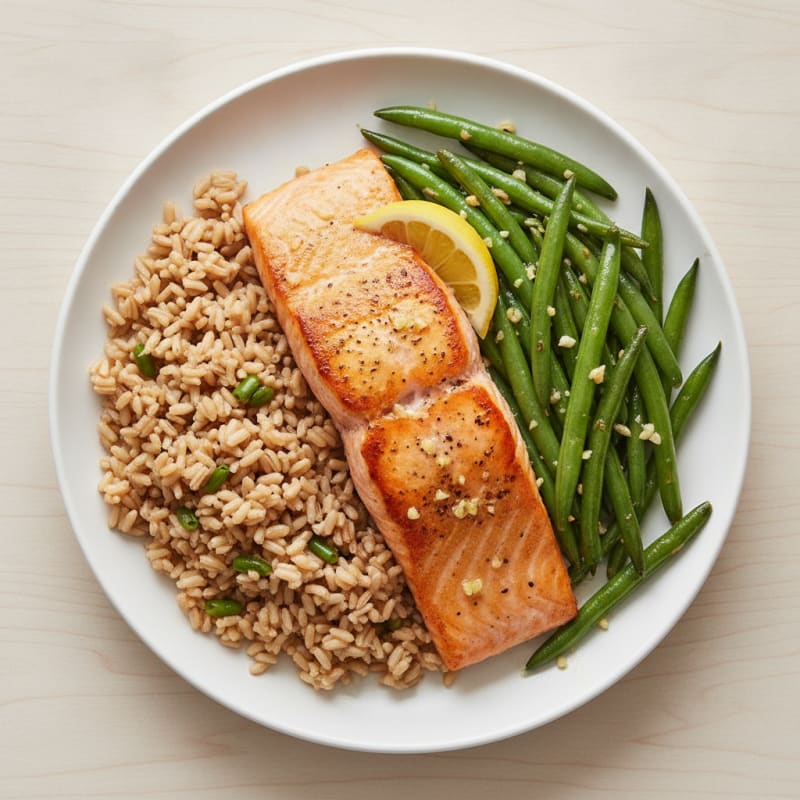 Seared Salmon with Garlic Green Beans and Brown Rice