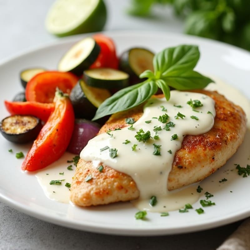 Chicken with Creamy Coconut Herb Sauce and Roasted Vegetables