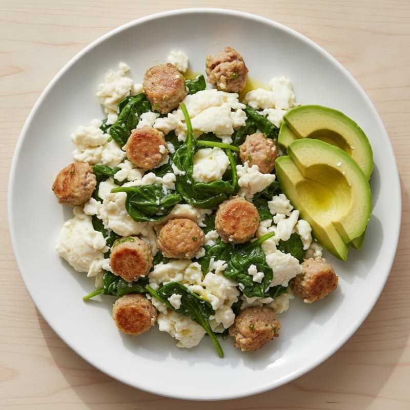 Egg White and Turkey Sausage Scramble with Sautéed Spinach
