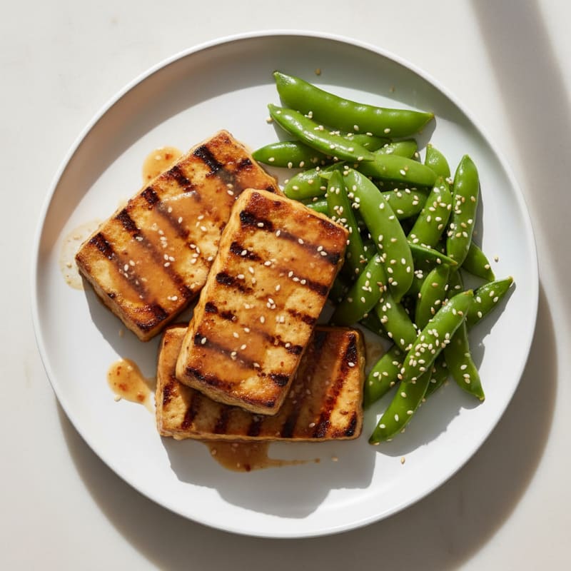 Grilled Tofu Steaks with Sesame Snap Peas and Miso Glaze