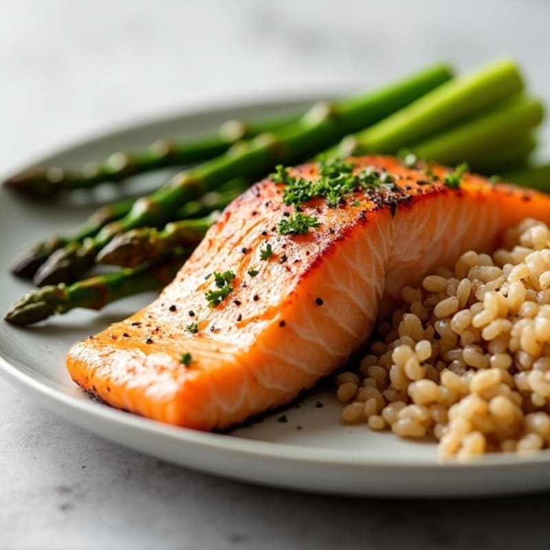 Seared Salmon Fillet with Steamed Asparagus and Brown Rice