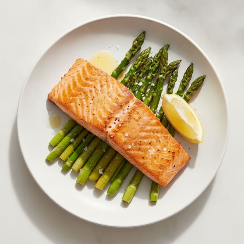 Seared Salmon Fillet with Roasted Asparagus and Lemon