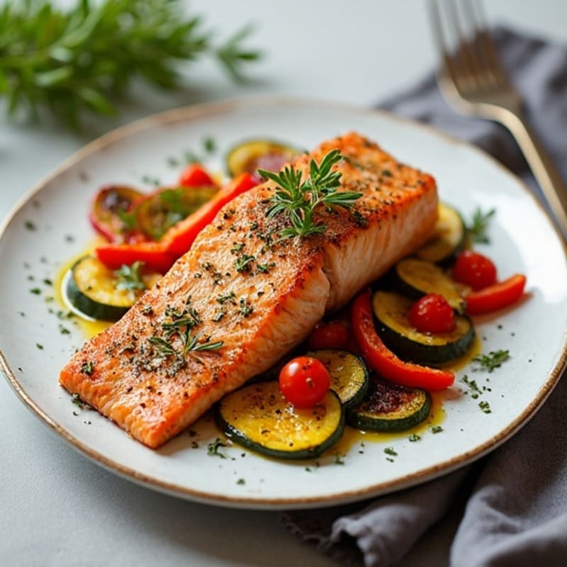 Crispy Sheet Pan Herb-Crusted Salmon with Roasted Rainbow Vegetables