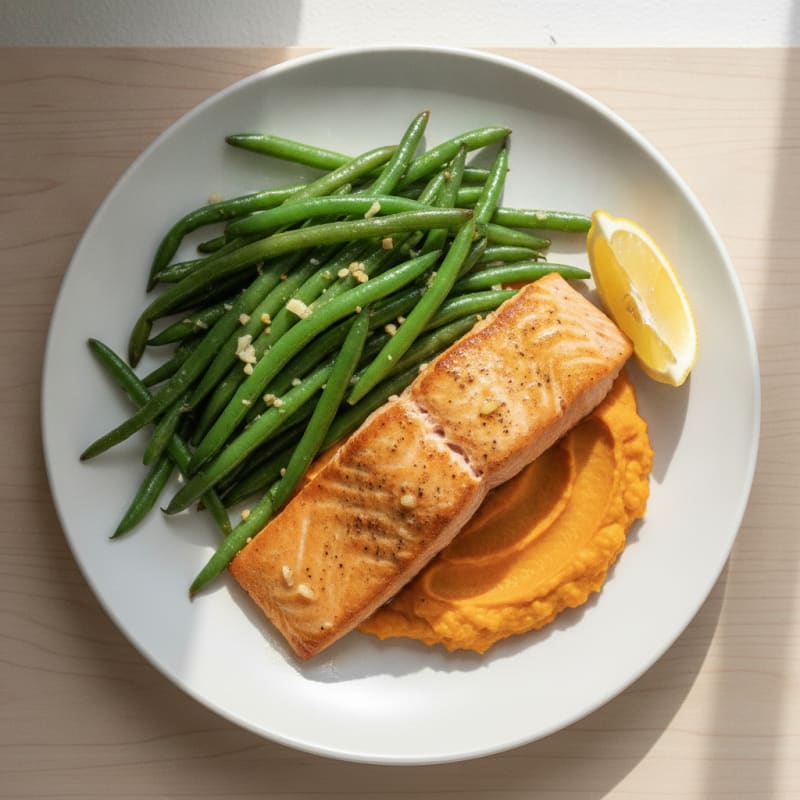 Seared Salmon with Garlic Green Beans and Sweet Potato Mash