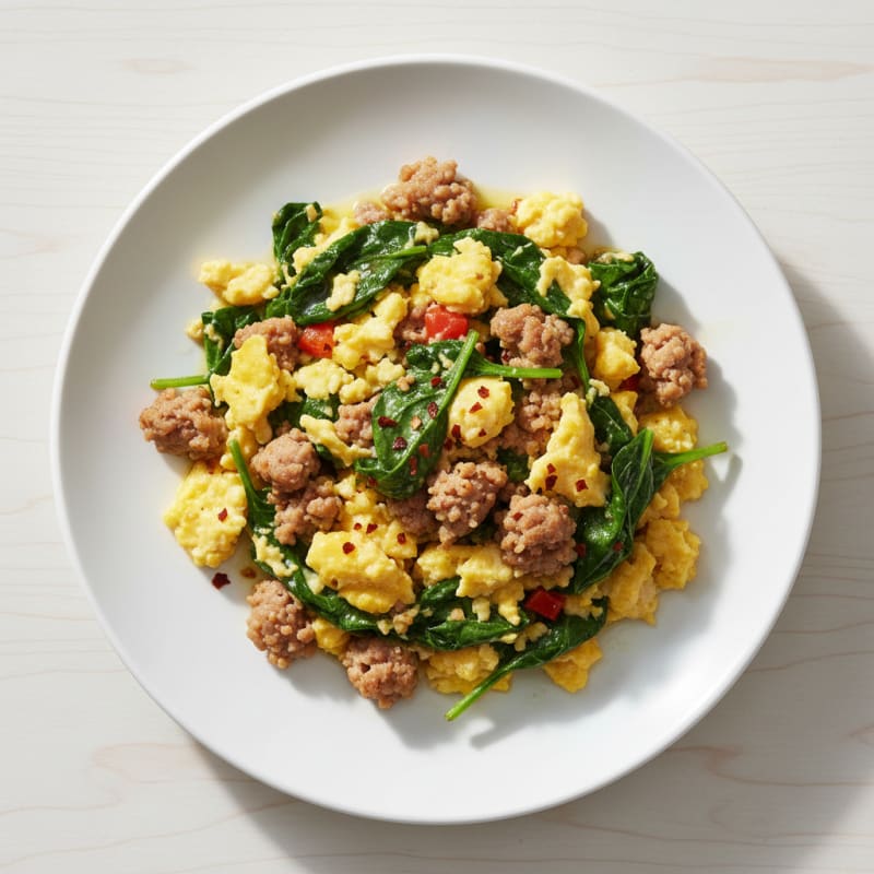 Scrambled Eggs with Turkey Sausage and Sautéed Spinach