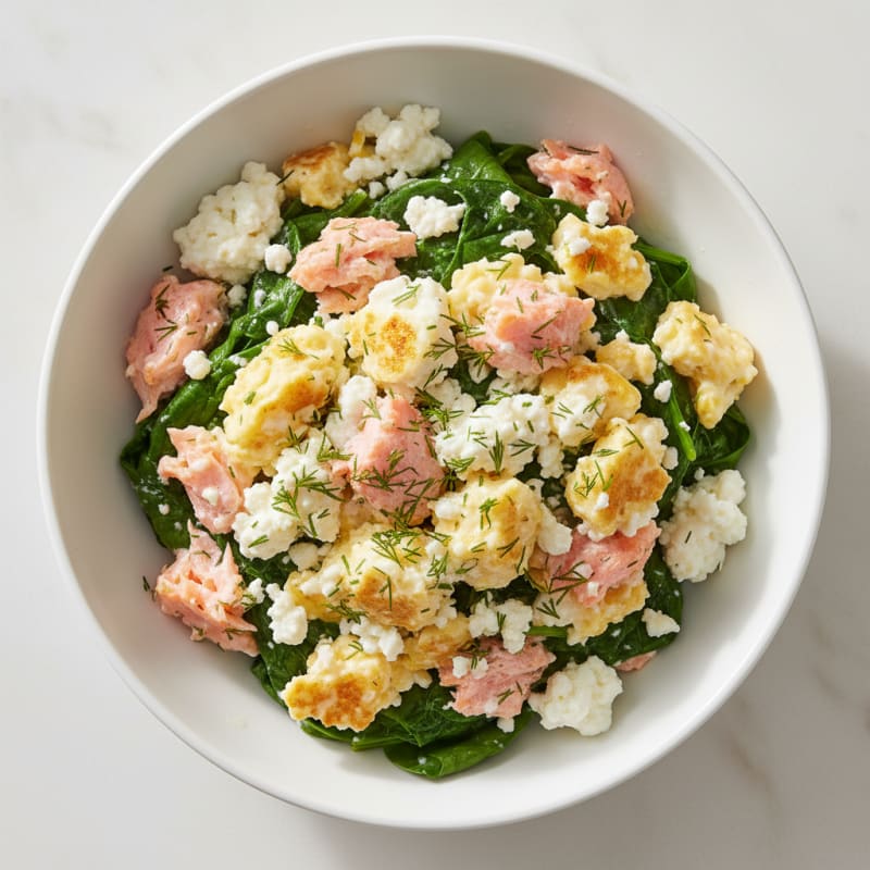 Cottage Cheese and Smoked Salmon Scramble with Sautéed Spinach
