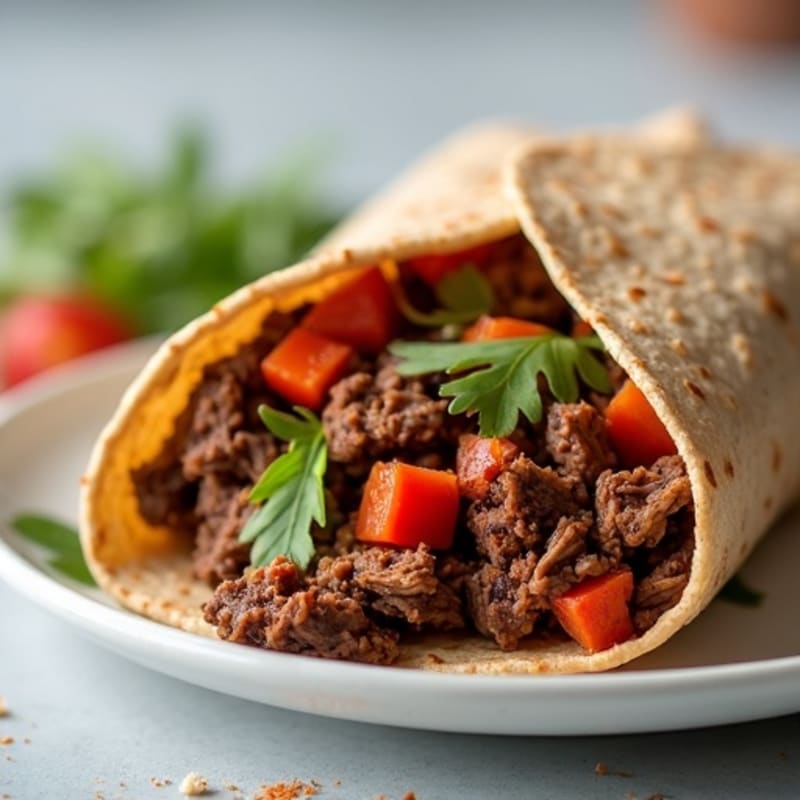 Whole Grain Wraps with Slow-Cooked Chili-Spiced Shredded Beef, Black Beans, and Roasted Peppers